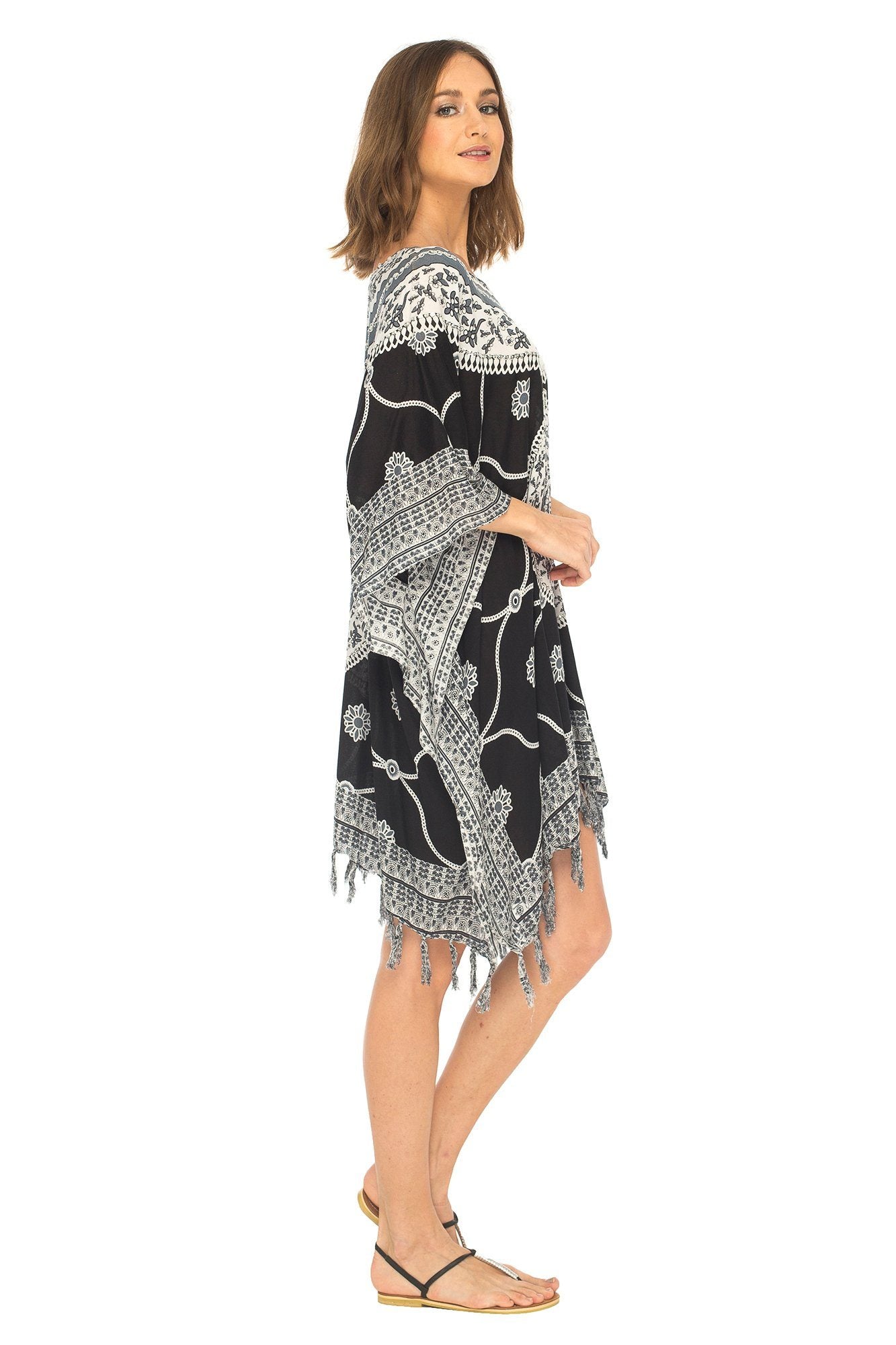 Mandala Print Short Poncho Dress with Hand Sewn Sequins - Love-Shu-Shi - Black and Grey Poncho Dress