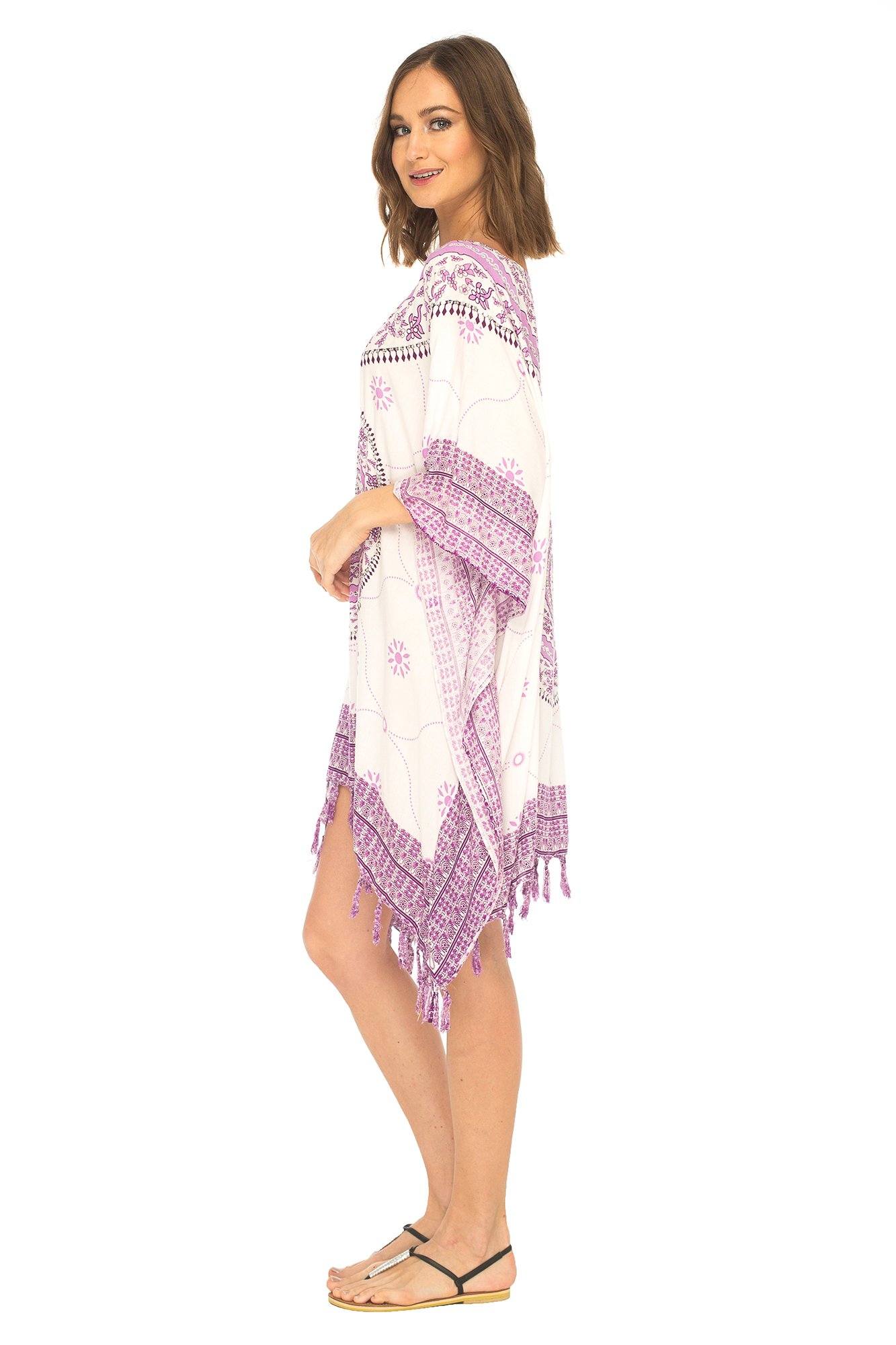 Mandala Print Short Poncho Dress with Hand Sewn Sequins - Love-Shu-Shi - White and Purple Poncho Dress