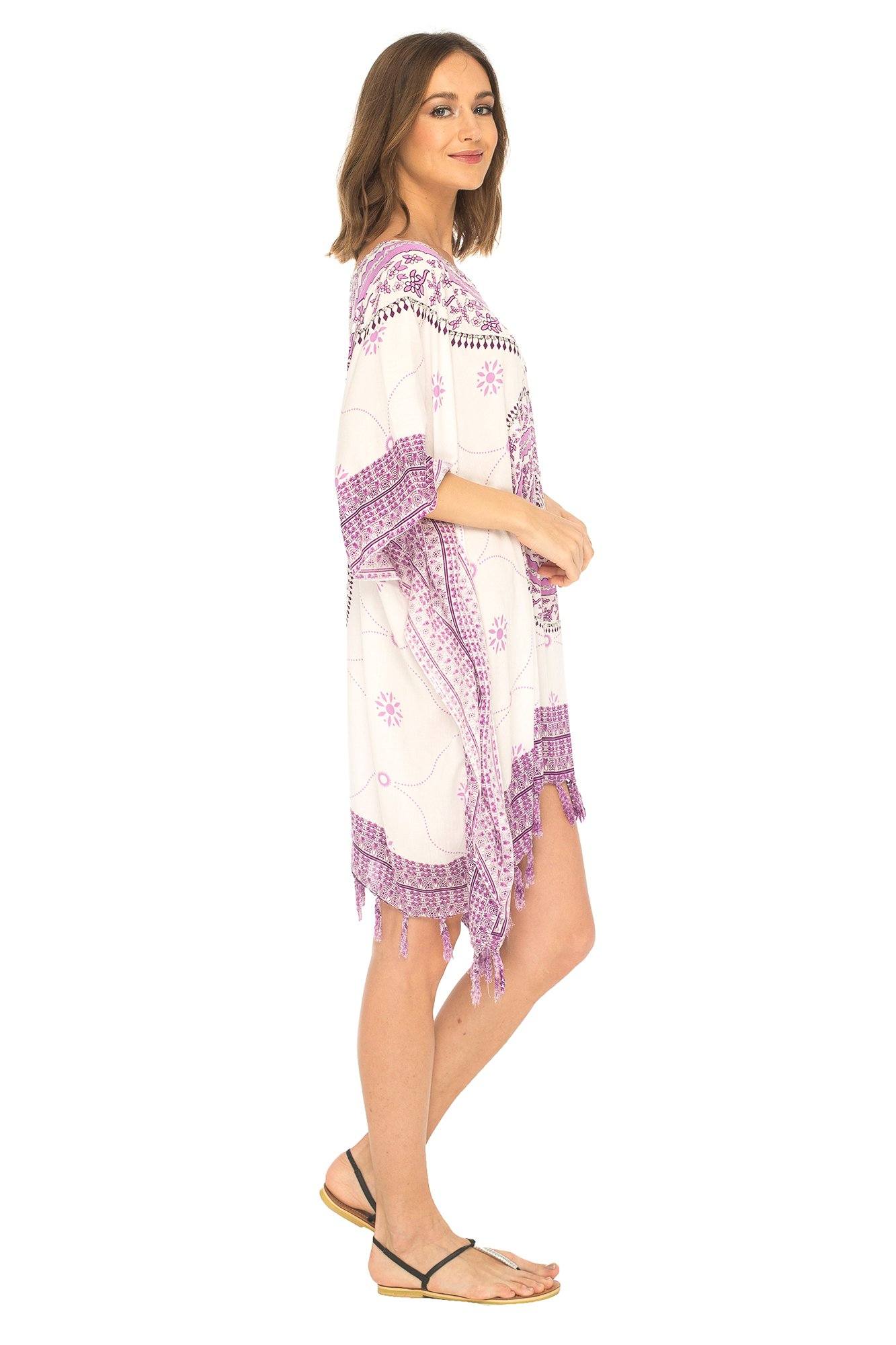 Mandala Print Short Poncho Dress with Hand Sewn Sequins - Love-Shu-Shi - White and Purple Poncho Dress