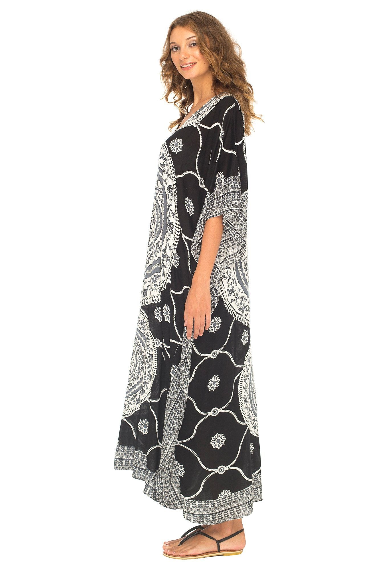 Mandala Print Long Kaftan Dress with Sequins - Love-Shu-Shi - Black and Grey Kaftan Dress