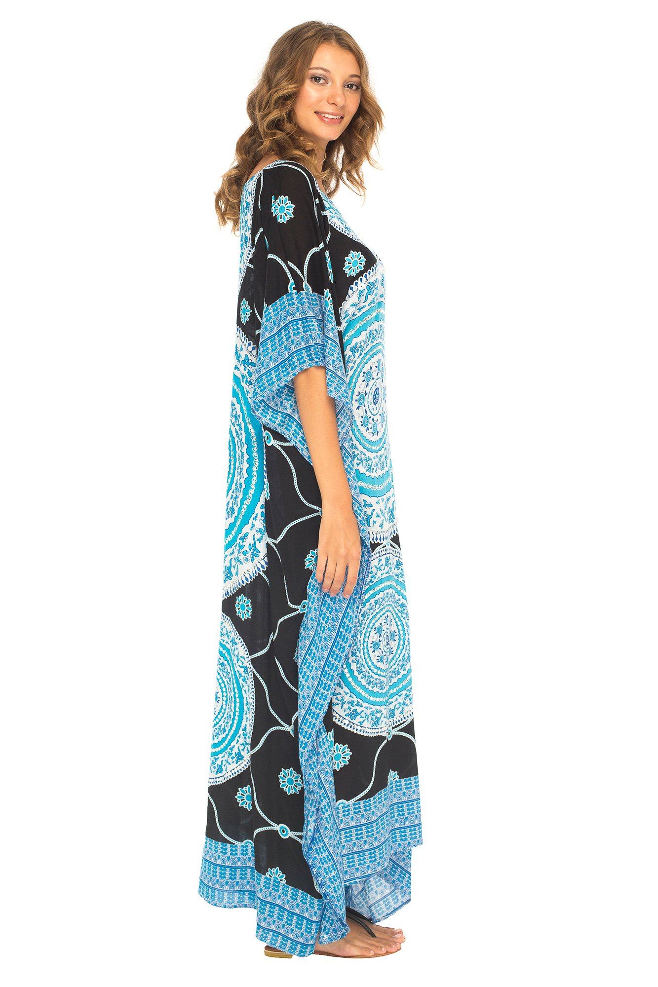 Mandala Print Long Kaftan Dress with Sequins - Love-Shu-Shi - Black and Turquoise Kaftan Dress 