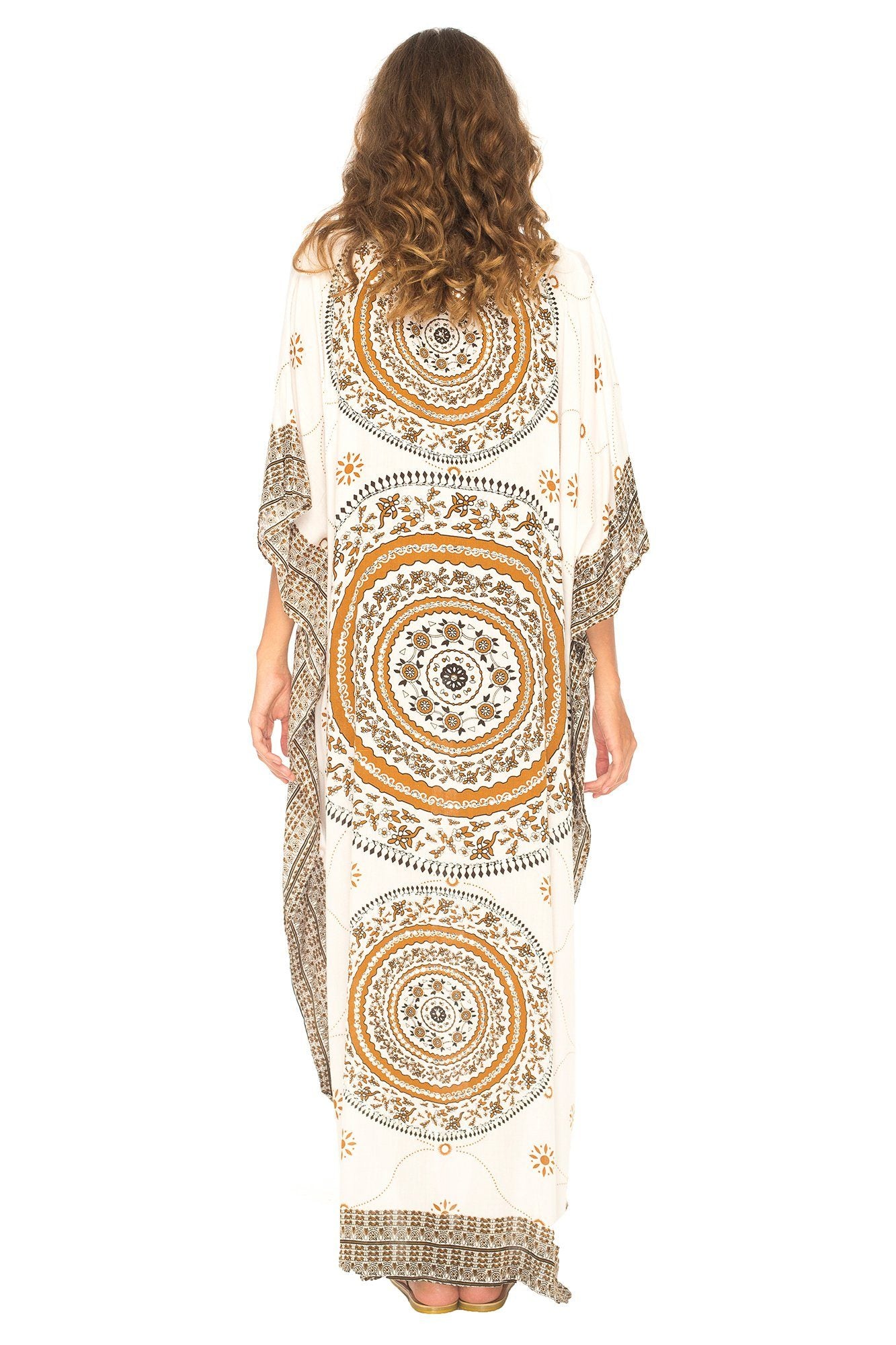 Mandala Print Long Kaftan Dress with Sequins - Love-Shu-Shi - White and Brown Kaftan Dress