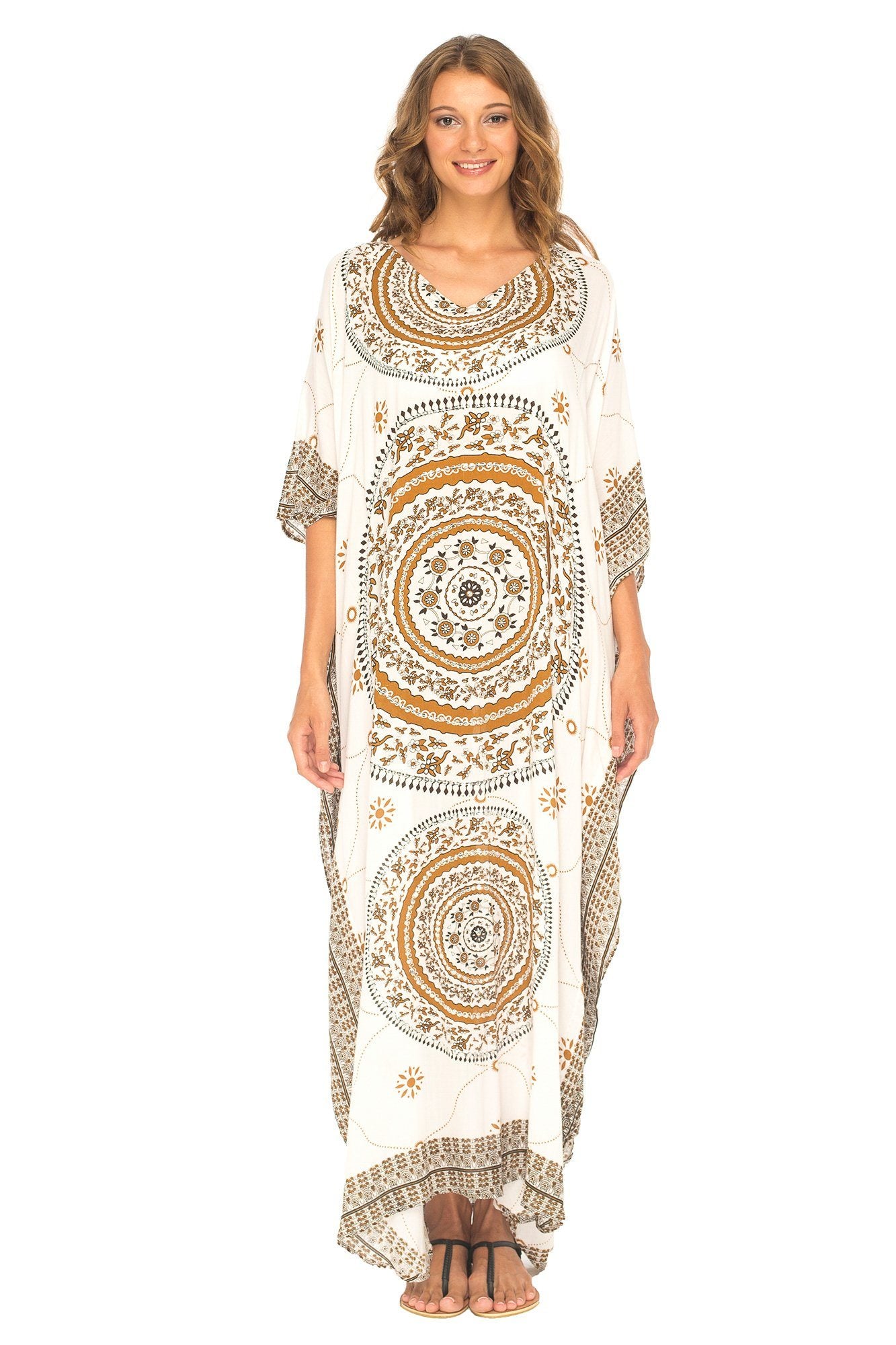 Mandala Print Long Kaftan Dress with Sequins - Love-Shu-Shi - White and Brown Kaftan Dress