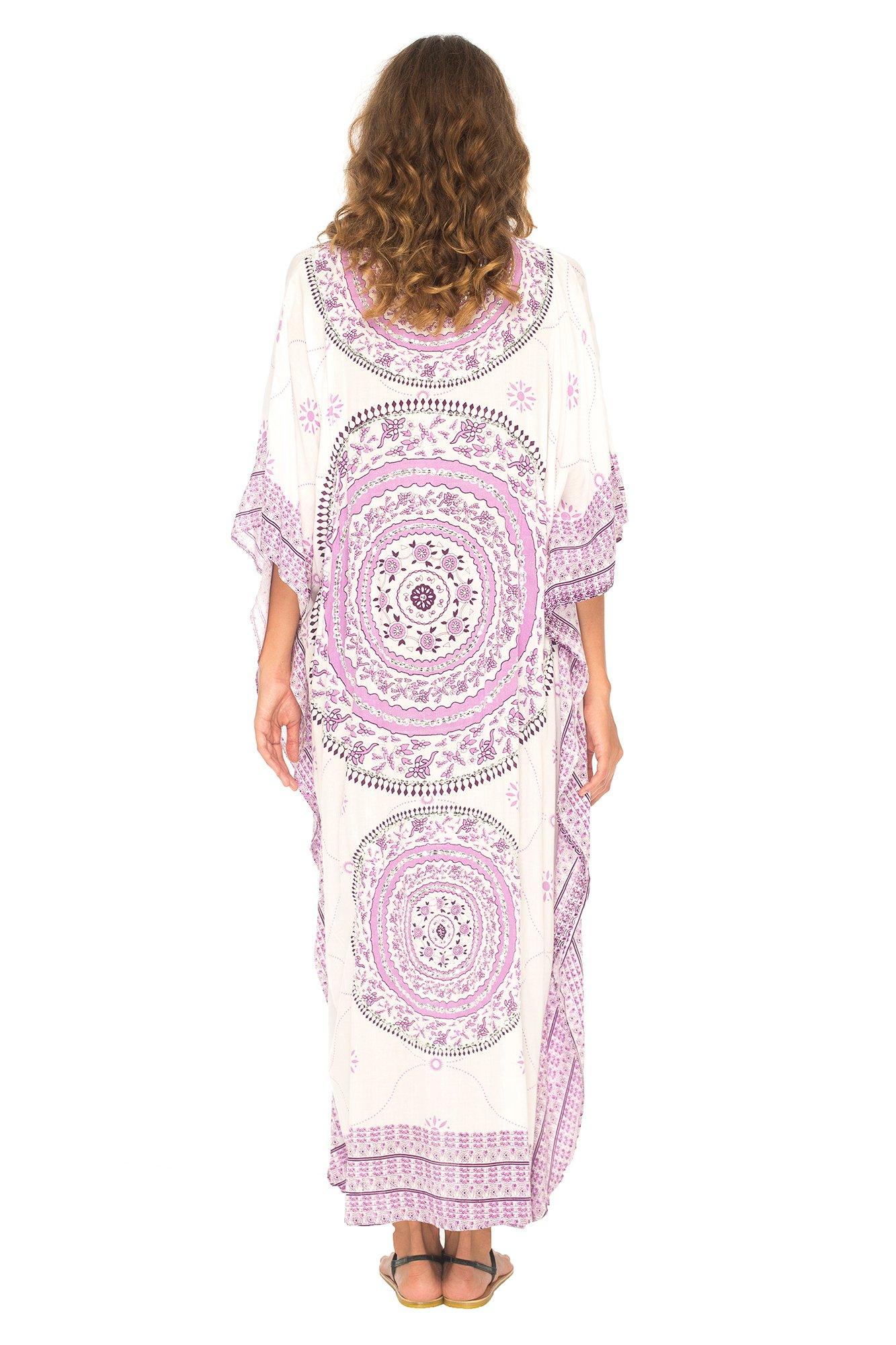 Mandala Print Long Kaftan Dress with Sequins - Love-Shu-Shi - White and Purple Kaftan Dress