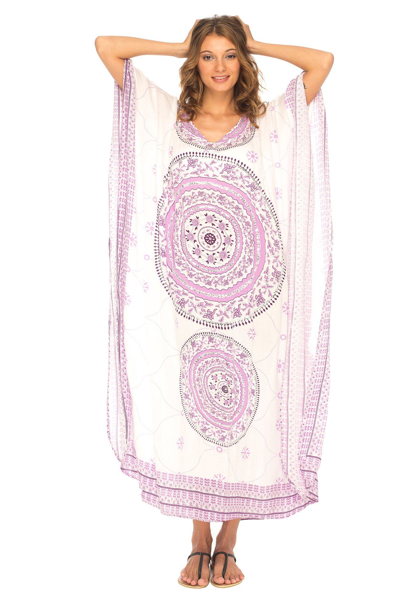 Mandala Print Long Kaftan Dress with Sequins - Love-Shu-Shi - White and Purple Kaftan Dress