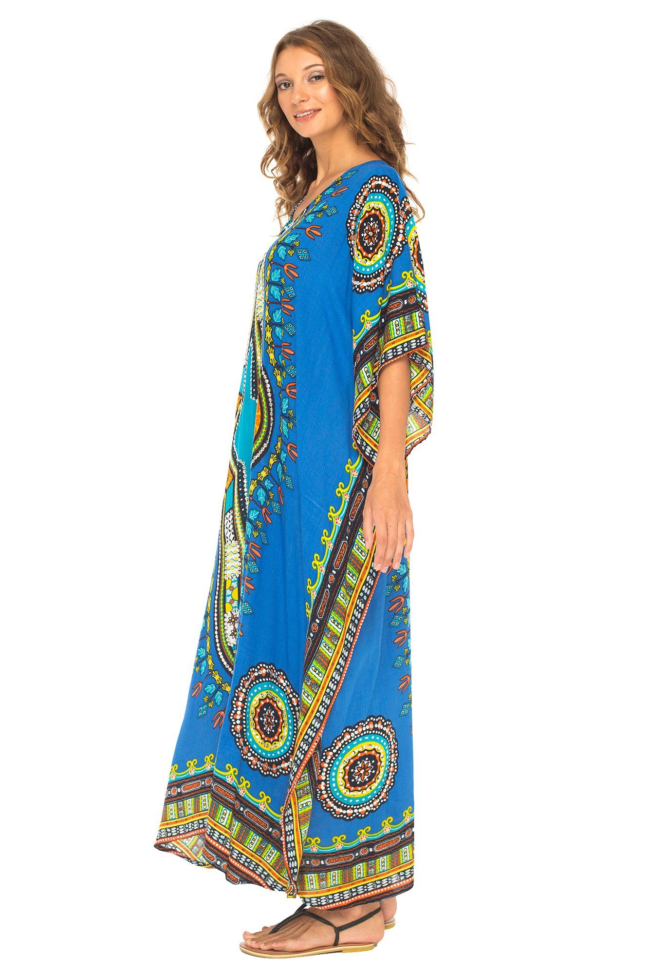 Dashiki Print Long V-Neck Kaftan Dress with Sequins - Love-Shu-Shi - Royal Blue Kaftan Dress