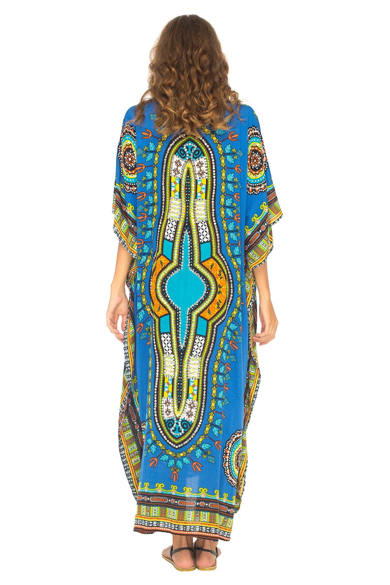 Dashiki Print Long V-Neck Kaftan Dress with Sequins - Love-Shu-Shi - Royal Blue Kaftan Dress