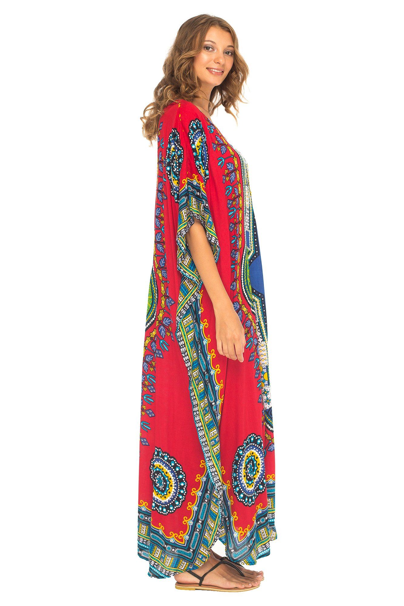 Dashiki Print Long V-Neck Kaftan Dress with Sequins - Love-Shu-Shi - Red Kaftan Dress