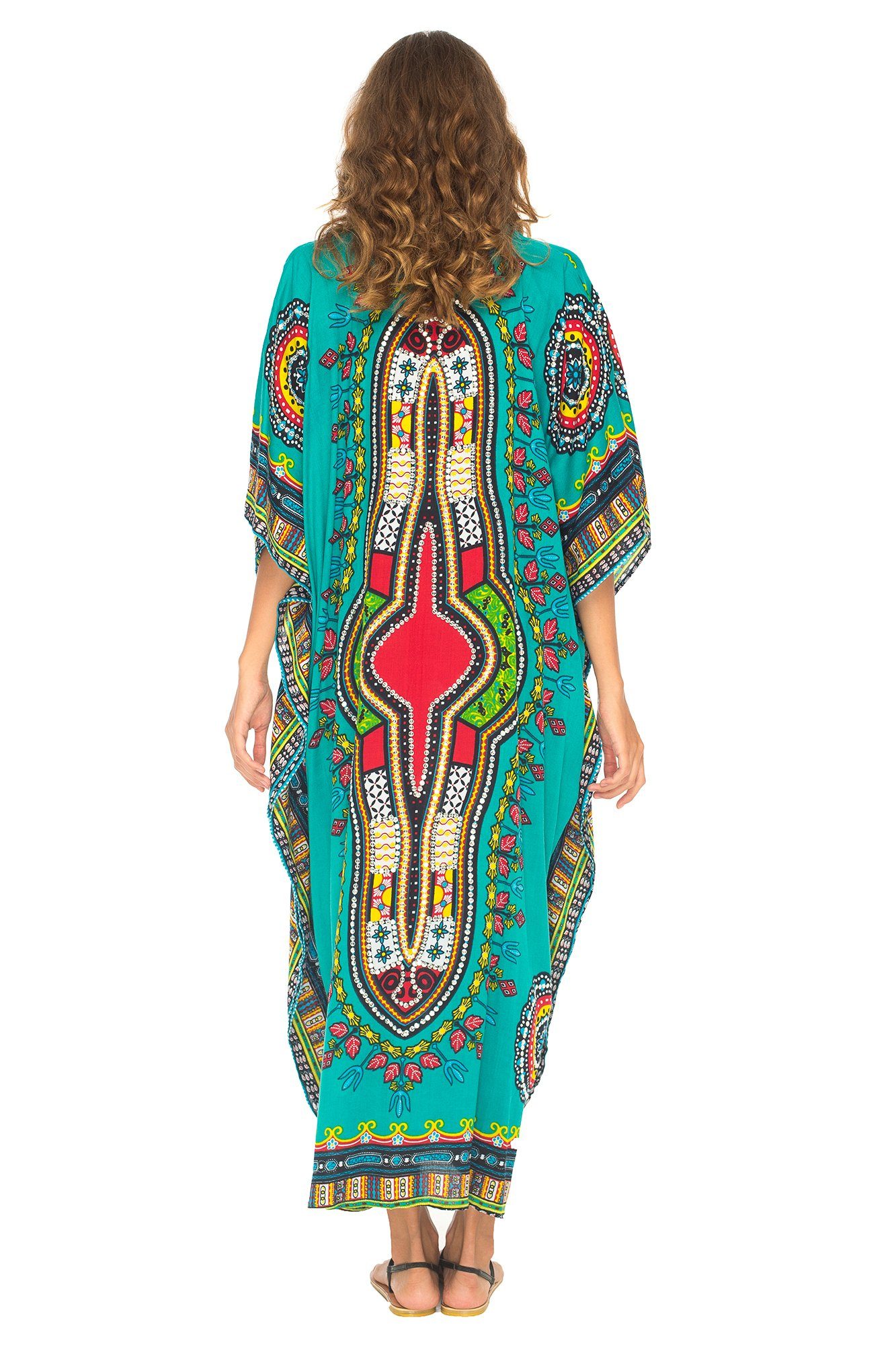 Dashiki Print Long V-Neck Kaftan Dress with Sequins - Love-Shu-Shi - Turquoise Kaftan Dress