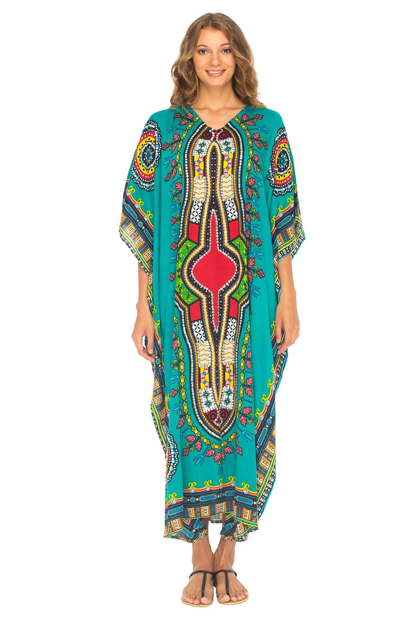 Dashiki Print Long V-Neck Kaftan Dress with Sequins - Love-Shu-Shi - Turquoise Kaftan Dress