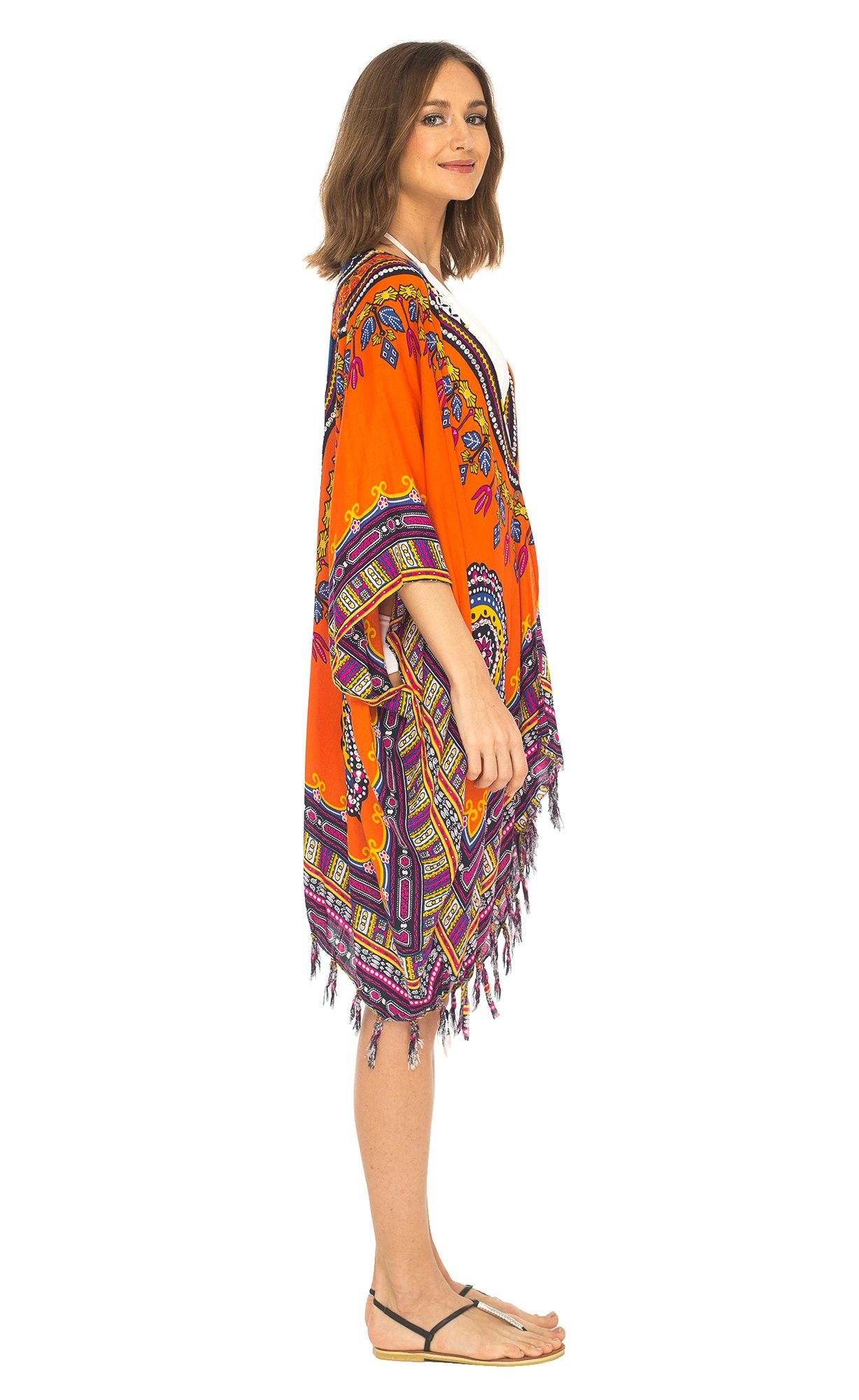 Dashiki Print Open Front Kimono with Sequins - Love-Shu-Shi - Orange Kimono