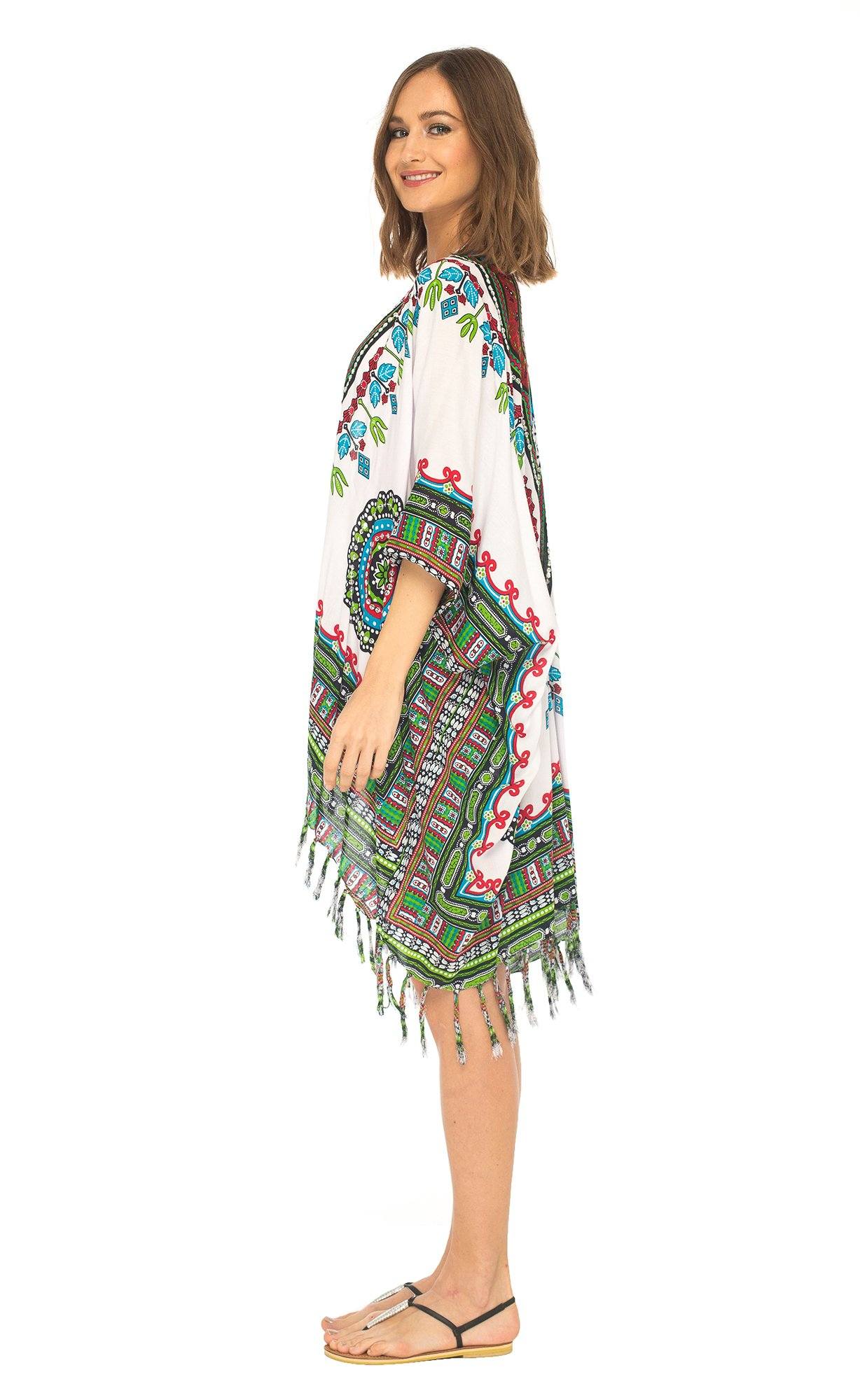 Dashiki Print Open Front Kimono with Sequins - Love-Shu-Shi - White Kimono