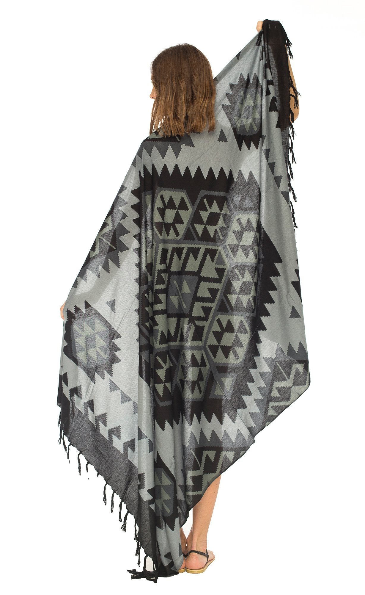 Ethnic Design Sarong with Fringe - Love-Shu-Shi - Black and Grey Sarong
