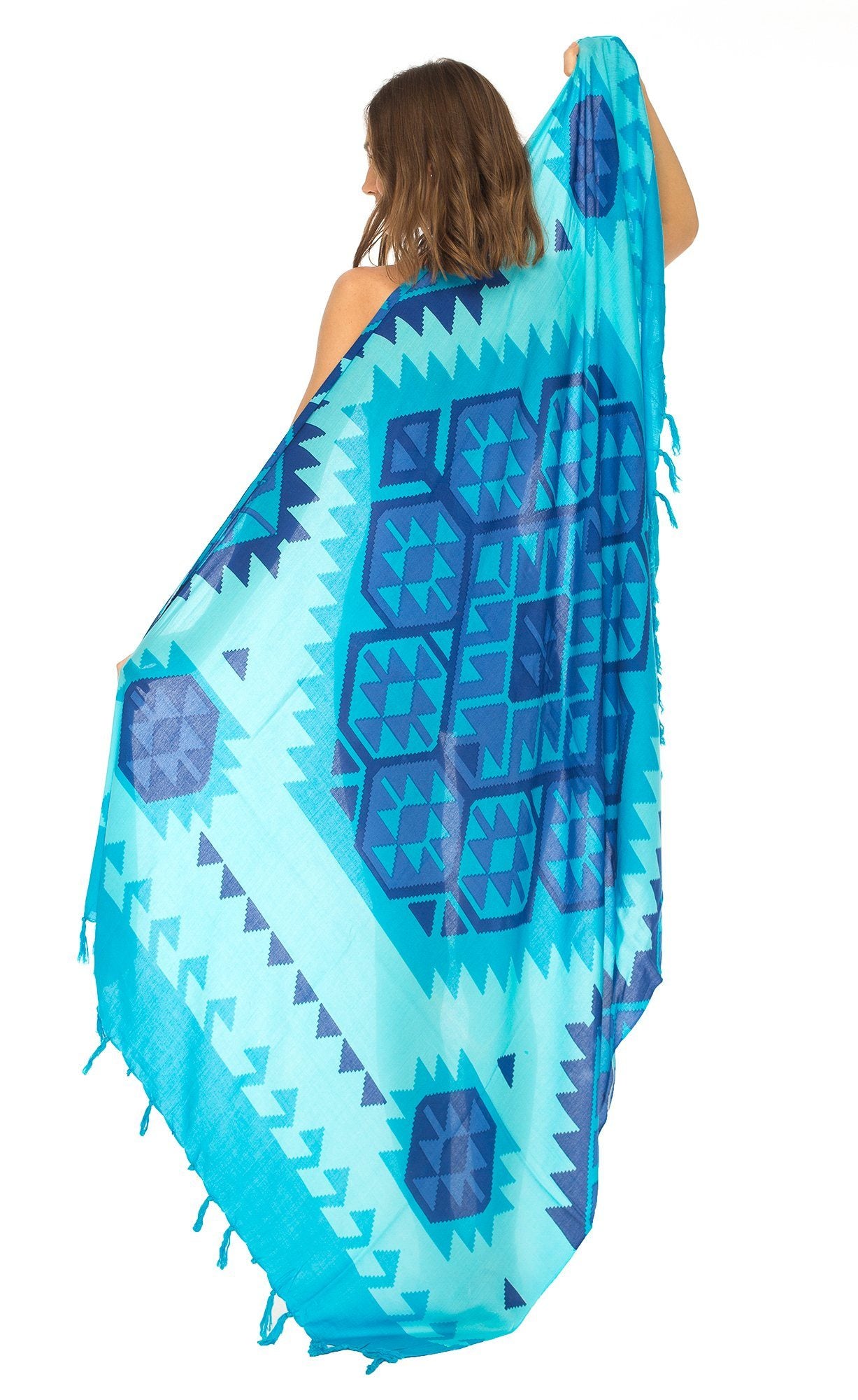 Ethnic Design Sarong with Fringe - Love-Shu-Shi - Turquoise and Blue Sarong
