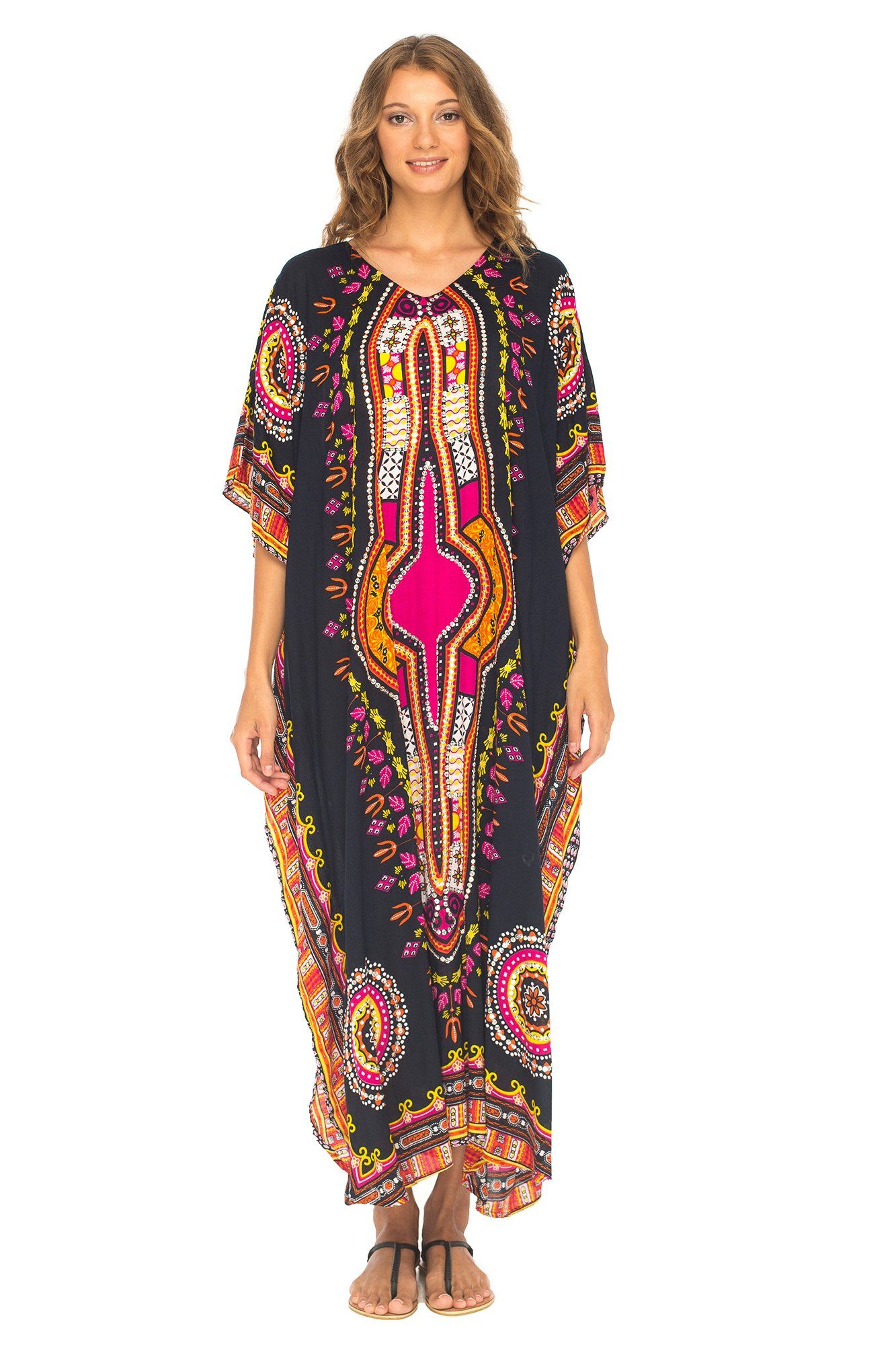 Dashiki Print Long V-Neck Kaftan Dress with Sequins - Love-Shu-Shi - Black Kaftan Dress